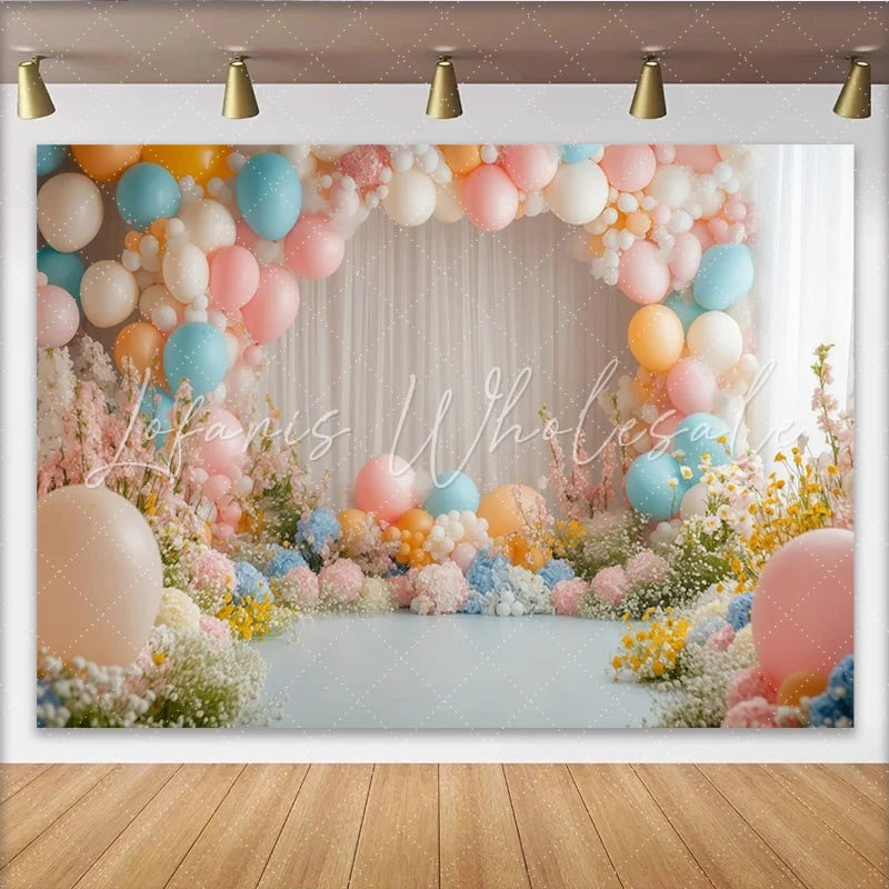 Lofaris Dreamy Pastel Balloon Floral Photography Backdrop with White Curtains Elegant Studio Background for Party Decor