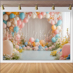 Lofaris Dreamy Pastel Balloon Floral Photography Backdrop with White Curtains Elegant Studio Background for Party Decor