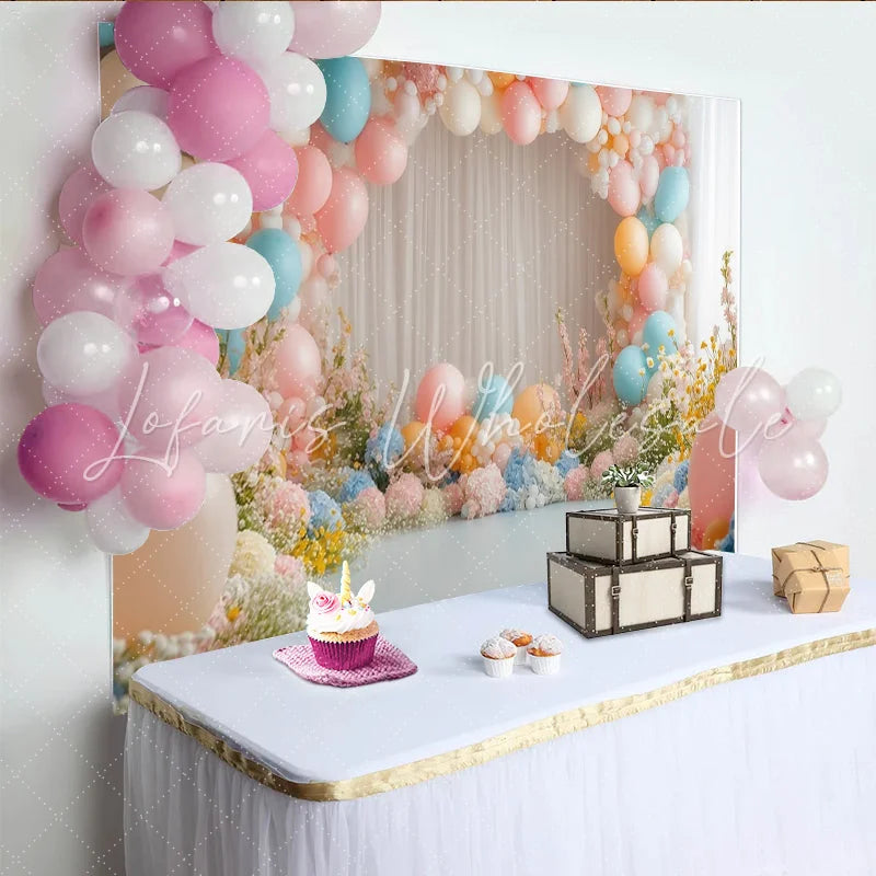 Lofaris Dreamy Pastel Balloon Floral Photography Backdrop with White Curtains Elegant Studio Background for Party Decor