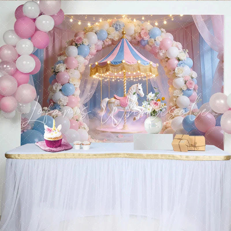 Lofaris Dreamy Pastel Carousel Birthday Backdrop with Balloons and Roses Magical Party Decor for Girls Photoshoot