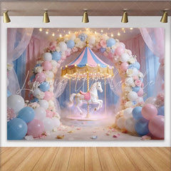 Lofaris Dreamy Pastel Carousel Birthday Backdrop with Balloons and Roses Magical Party Decor for Girls Photoshoot