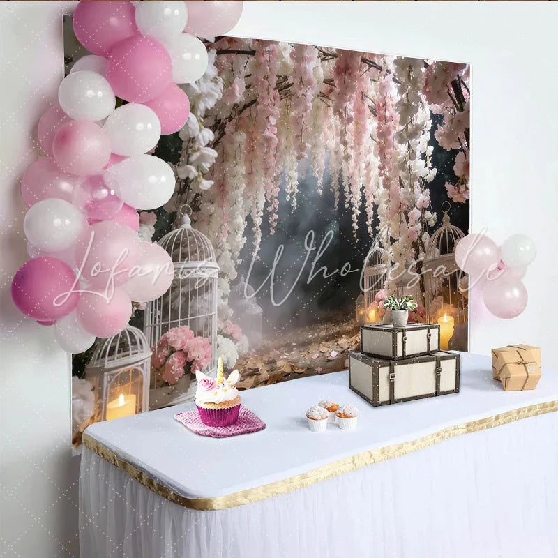 Lofaris Dreamy Pink and White Floral Photography Backdrop with Birdcages Elegant Studio Background for Romantic Photoshoot and Event Decor