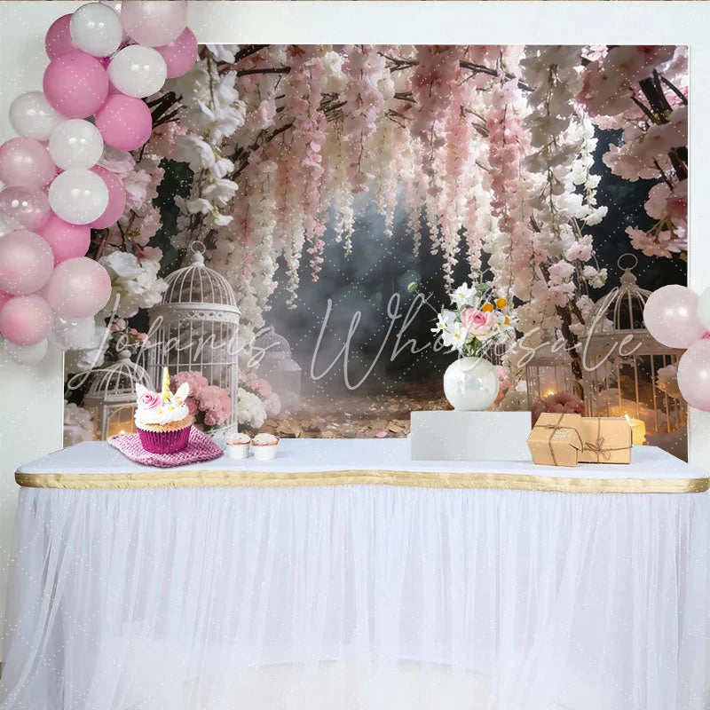 Lofaris Dreamy Pink and White Floral Photography Backdrop with Birdcages Elegant Studio Background for Romantic Photoshoot and Event Decor