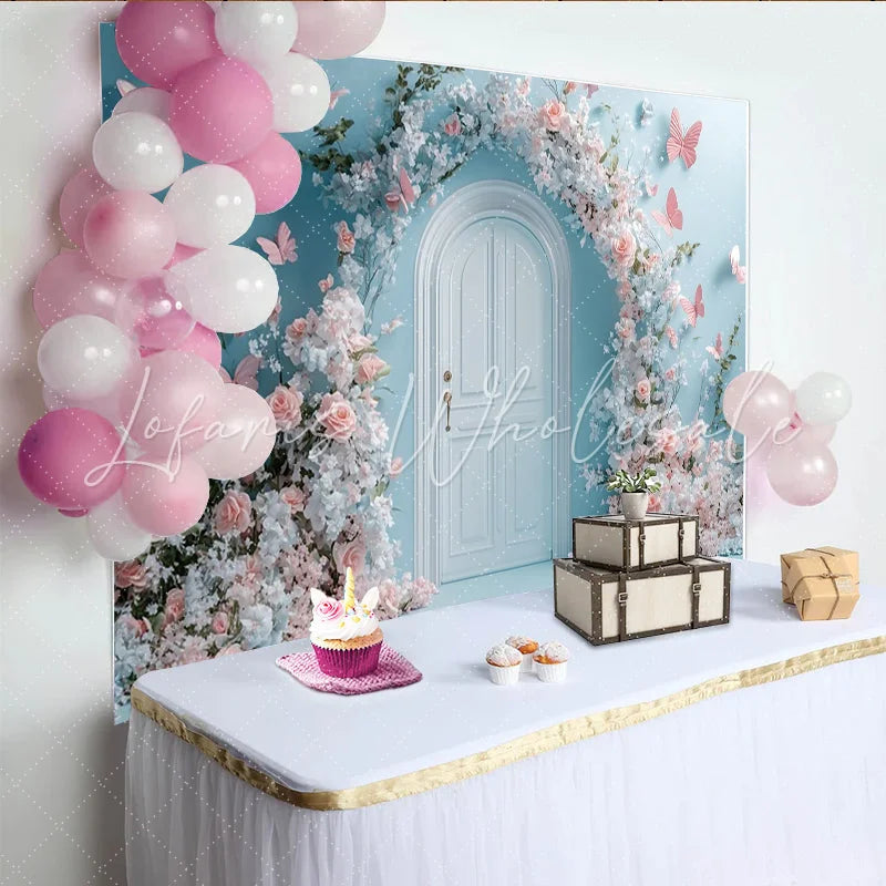 Lofaris Dreamy Pink Floral Arch Door Photography Backdrop with Butterflies Elegant Studio Background for Romantic Photoshoot