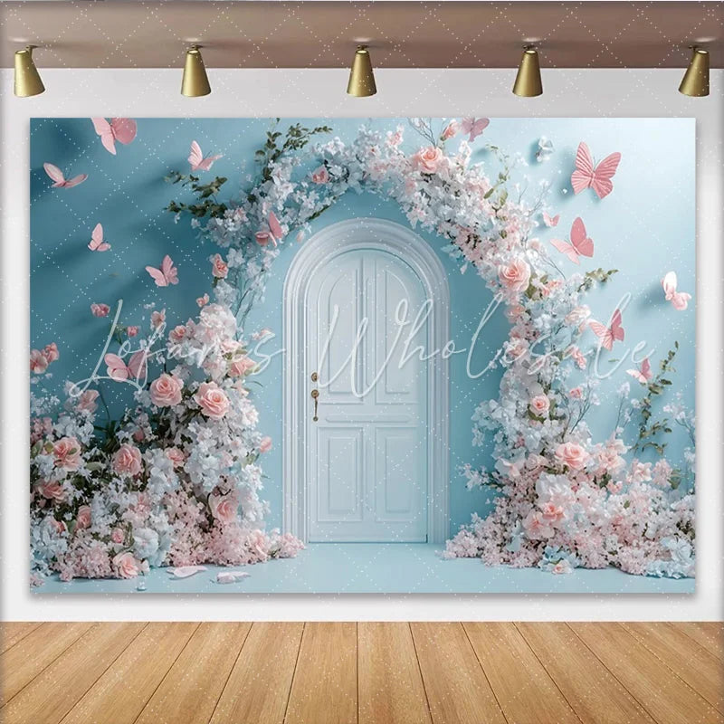 Lofaris Dreamy Pink Floral Arch Door Photography Backdrop with Butterflies Elegant Studio Background for Romantic Photoshoot