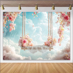Lofaris Dreamy Pink Floral Swing Photography Backdrop with White Clouds Ethereal Sky Background for Studio Portrait
