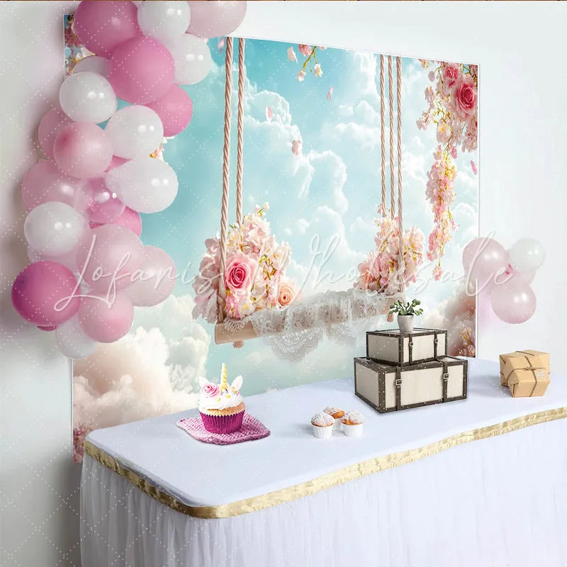 Lofaris Dreamy Pink Floral Swing Photography Backdrop with White Clouds Ethereal Sky Background for Studio Portrait