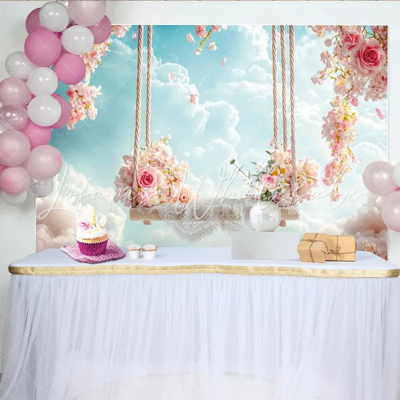 Lofaris Dreamy Pink Floral Swing Photography Backdrop with White Clouds Ethereal Sky Background for Studio Portrait