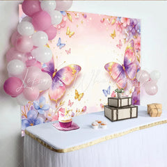 Lofaris Dreamy Pink Purple Butterfly Floral Photography Backdrop with Gold Glitter Watercolor Flower Background for Studio Photoshoot