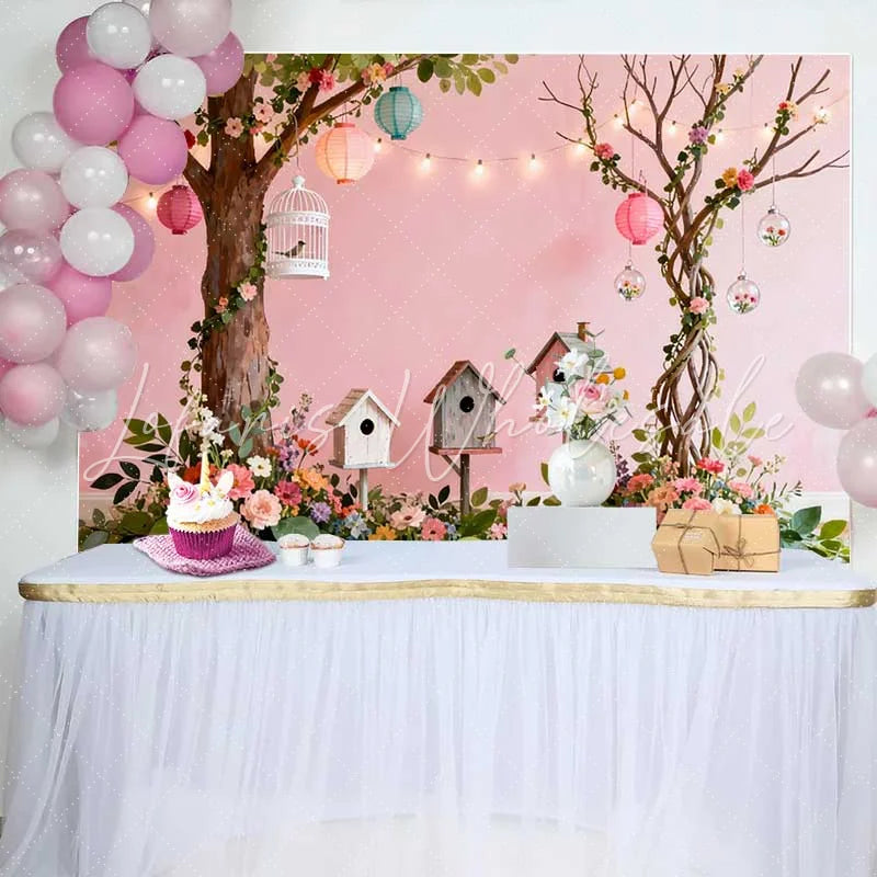 Lofaris Dreamy Pink Spring Garden Backdrop with Lush Flowers Birdhouses and Lanterns for Baby Shower Party