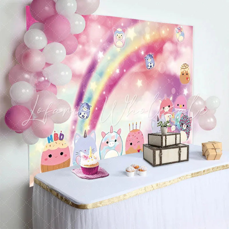 Lofaris Dreamy Rainbow Birthday Backdrop Cute Unicorn Cat Plushies Pink Sky Clouds Party Supplies for Girl