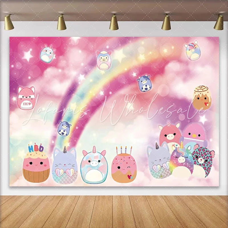 Lofaris Dreamy Rainbow Birthday Backdrop Cute Unicorn Cat Plushies Pink Sky Clouds Party Supplies for Girl