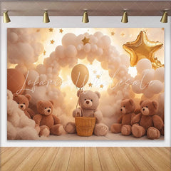 Lofaris Dreamy Teddy Bear Baby Shower Backdrop with Balloons and Stars Soft Cloud Background for Newborn Photography and Party Decor