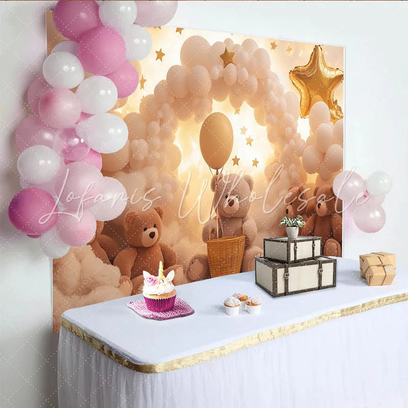 Lofaris Dreamy Teddy Bear Baby Shower Backdrop with Balloons and Stars Soft Cloud Background for Newborn Photography and Party Decor