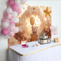 Lofaris Dreamy Teddy Bear Baby Shower Backdrop with Balloons and Stars Soft Cloud Background for Newborn Photography and Party Decor