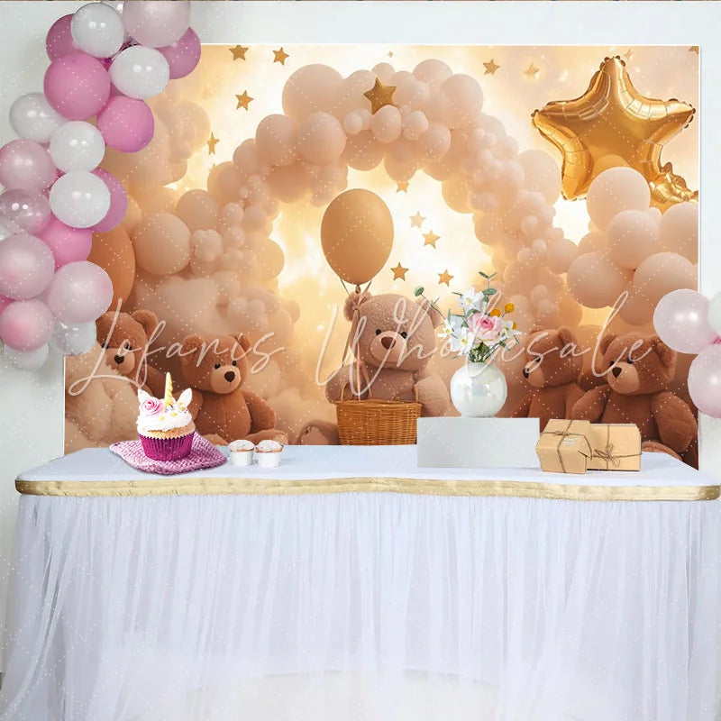 Lofaris Dreamy Teddy Bear Baby Shower Backdrop with Balloons and Stars Soft Cloud Background for Newborn Photography and Party Decor