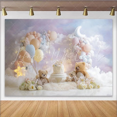 Lofaris Dreamy Teddy Bear Birthday Backdrop for Baby Cake Smash Pastel Balloons and Moon Cloud Background for Photoshoot