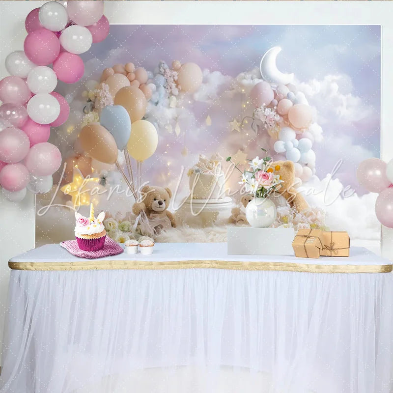Lofaris Dreamy Teddy Bear Birthday Backdrop for Baby Cake Smash Pastel Balloons and Moon Cloud Background for Photoshoot