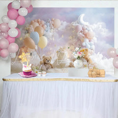 Lofaris Dreamy Teddy Bear Birthday Backdrop for Baby Cake Smash Pastel Balloons and Moon Cloud Background for Photoshoot