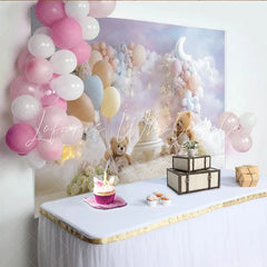 Lofaris Dreamy Teddy Bear Birthday Backdrop for Baby Cake Smash Pastel Balloons and Moon Cloud Background for Photoshoot