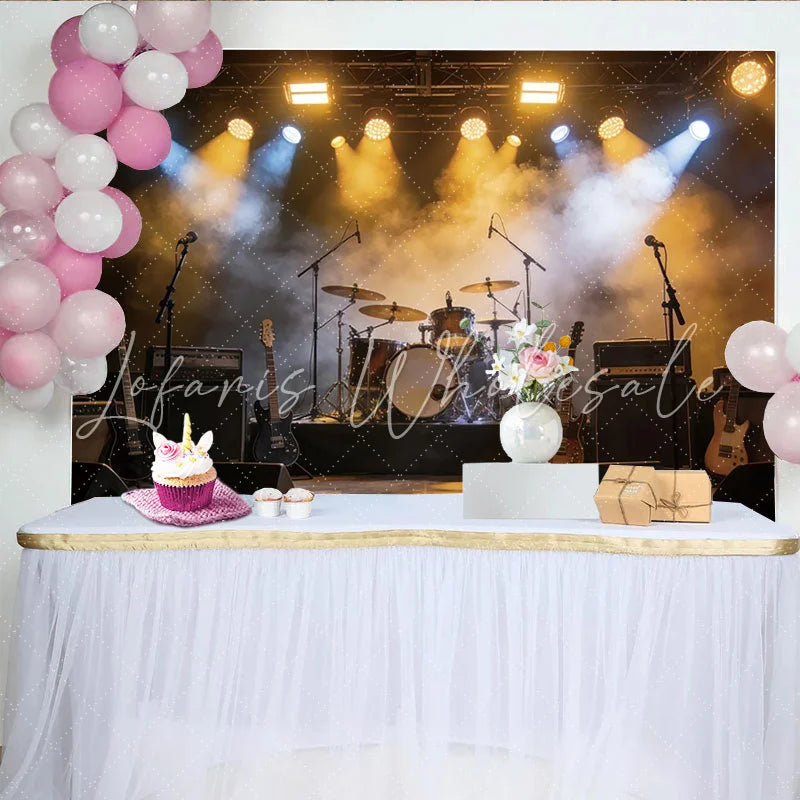Lofaris Dynamic Concert Stage Backdrop with Drum Kit and Guitars Professional Photography Background for Music Events