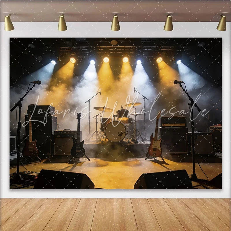 Lofaris Dynamic Concert Stage Photography Backdrop with Guitars and Drums Vibrant Live Music Background for Studio Photoshoot