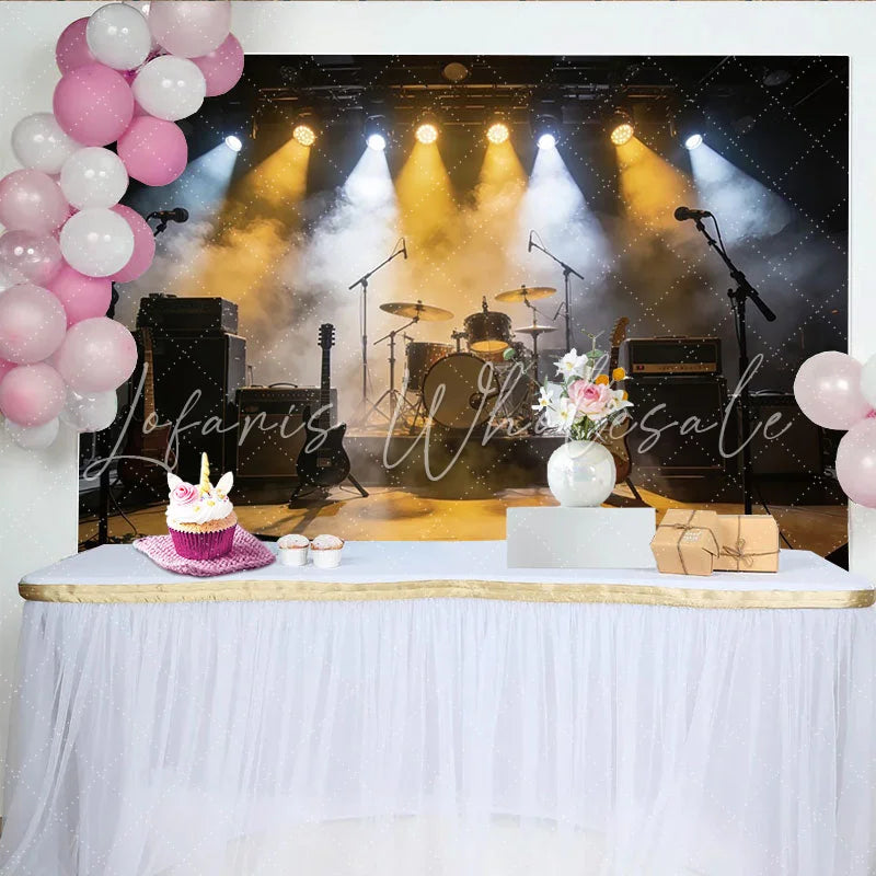 Lofaris Dynamic Concert Stage Photography Backdrop with Guitars and Drums Vibrant Live Music Background for Studio Photoshoot
