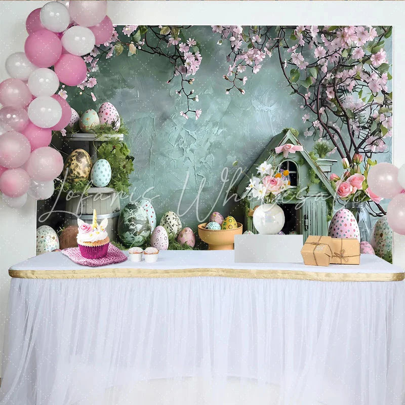 Lofaris Easter Blossom Birdhouse Backdrop Teal Wall and Patterned Eggs Photography Background