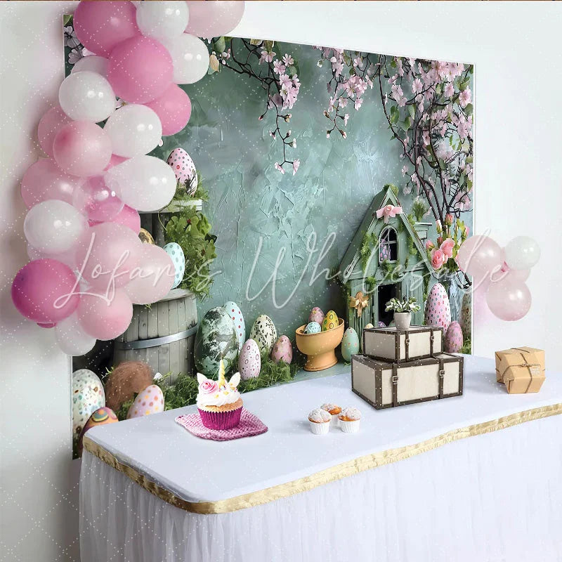 Lofaris Easter Blossom Birdhouse Backdrop Teal Wall and Patterned Eggs Photography Background