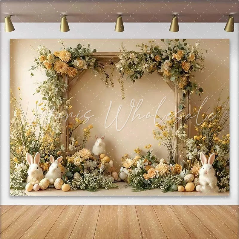Lofaris Easter Bunny and Yellow Floral Backdrop Spring Garden Rabbit and Eggs Party Decoration