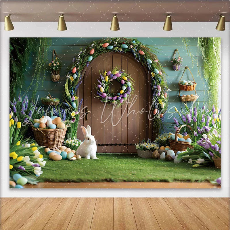 Lofaris Easter Garden Door Photo Backdrop Bunny and Colorful Eggs Photo Background