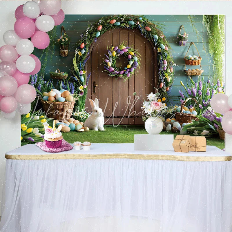 Lofaris Easter Garden Door Photo Backdrop Bunny and Colorful Eggs Photo Background