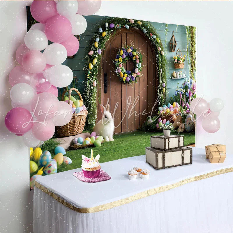 Lofaris Easter Garden Door Photography Backdrop Bunny and Colorful Eggs Photo Background