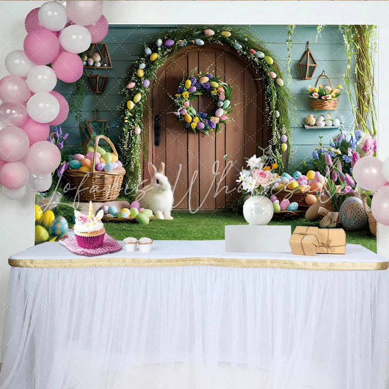Lofaris Easter Garden Door Photography Backdrop Bunny and Colorful Eggs Photo Background