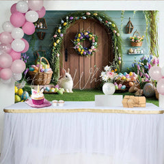 Lofaris Easter Garden Door Photography Backdrop Bunny and Colorful Eggs Photo Background