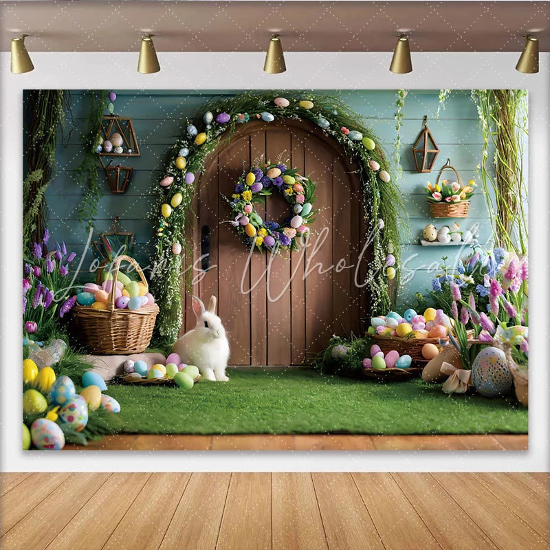 Lofaris Easter Garden Door Photography Backdrop Bunny and Colorful Eggs Photo Background