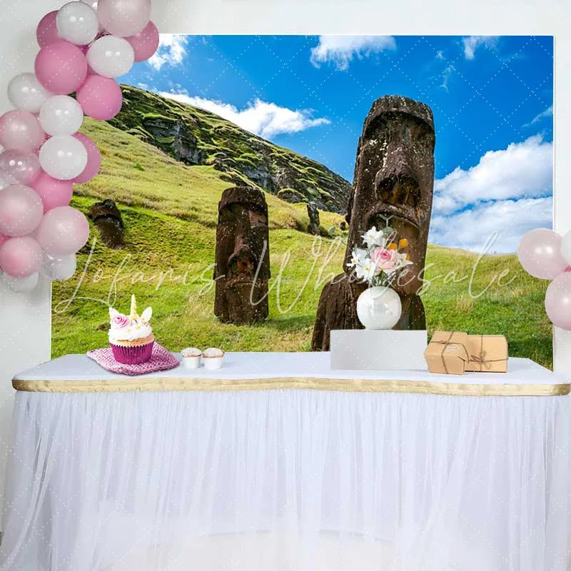 Lofaris Easter Island Giant Moai Statues Grass Hill Backdrop Ancient Historic Relics Landscape Photography Background