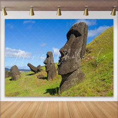 Lofaris Easter Island Moai Statues Grassy Hill Backdrop Ancient Relics Nature Landscape Photography Background