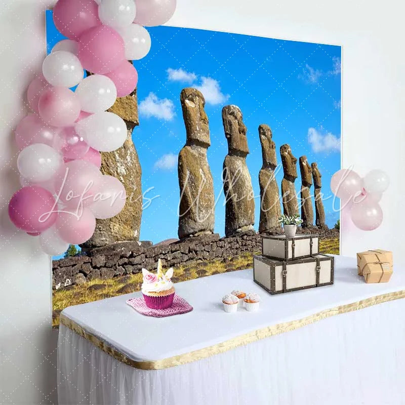 Lofaris Easter Island Moai Statues Landscape Backdrop Ancient Wonders Scenery Party Decoration Photography Background