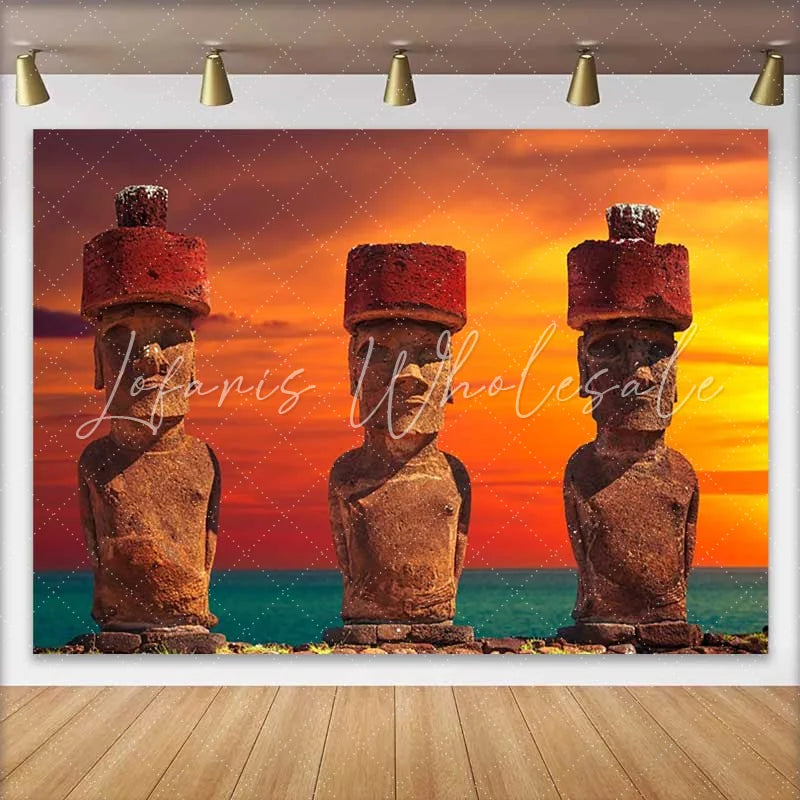 Lofaris Easter Island Moai Statues Sunset Scenery Backdrop Ancient Landscape Photography Background Party Decorations