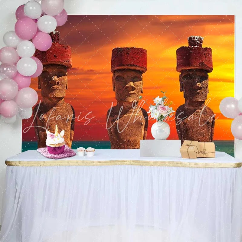 Lofaris Easter Island Moai Statues Sunset Scenery Backdrop Ancient Landscape Photography Background Party Decorations