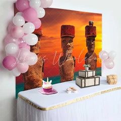 Lofaris Easter Island Moai Statues Sunset Scenery Backdrop Ancient Landscape Photography Background Party Decorations