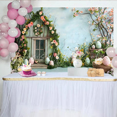 Lofaris Easter Rose House Backdrop Blue Spring Garden and Patterned Eggs Photography Background