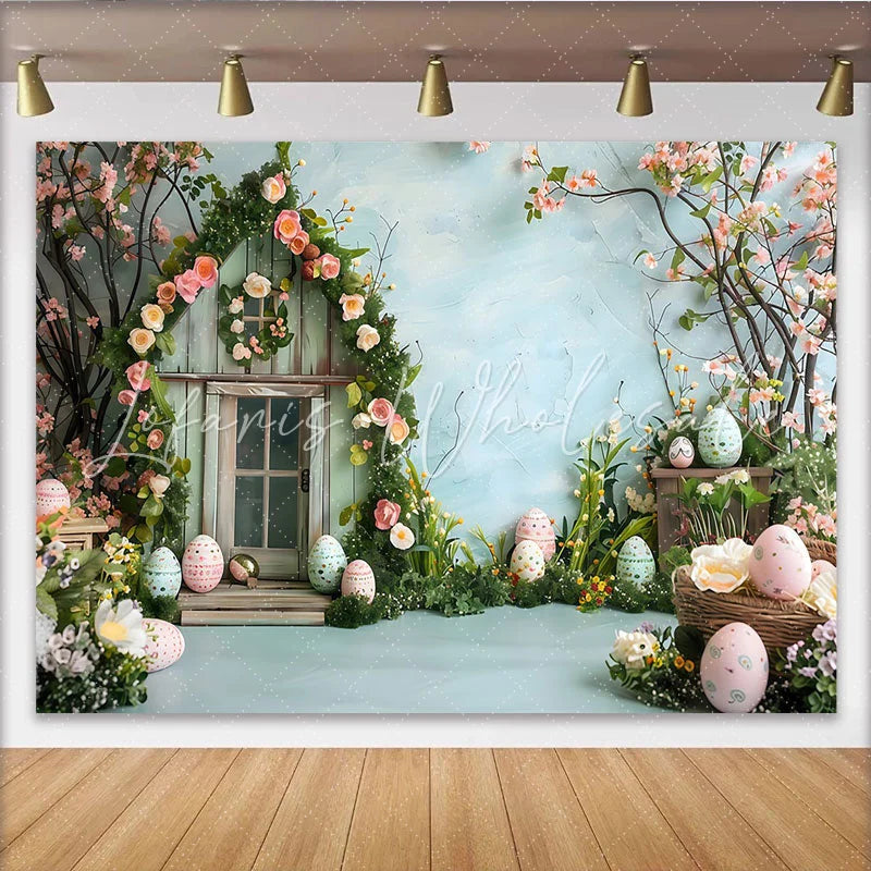 Lofaris Easter Rose House Backdrop Blue Spring Garden and Patterned Eggs Photography Background