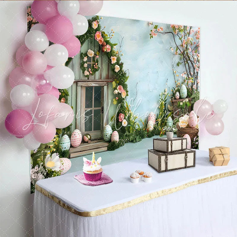 Lofaris Easter Rose House Backdrop Blue Spring Garden and Patterned Eggs Photography Background