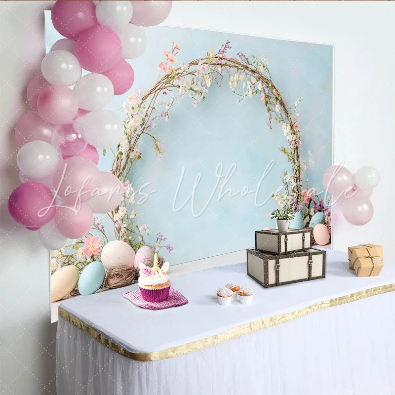 Lofaris Easter Spring Floral Arch Backdrop Blue Pastel Eggs and Vine Photography Background
