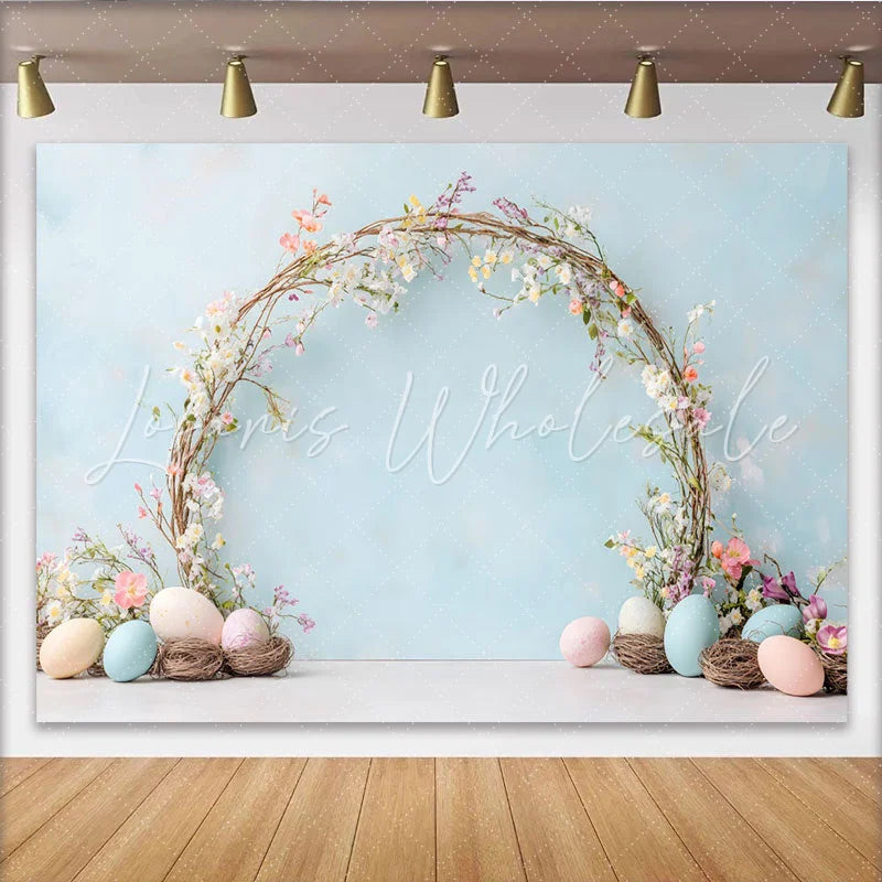 Lofaris Easter Spring Floral Arch Backdrop Blue Pastel Eggs and Vine Photography Background