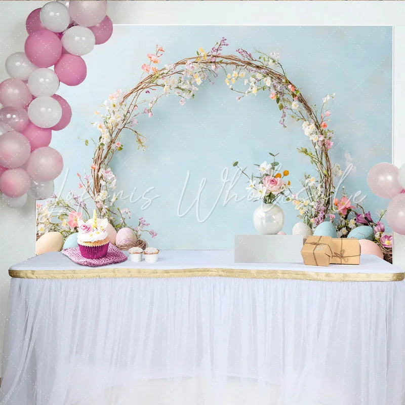 Lofaris Easter Spring Floral Arch Backdrop Blue Pastel Eggs and Vine Photography Background
