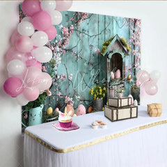 Lofaris Easter Spring Garden Backdrop Blue Wood Wall and Pink Blossom Photography Background