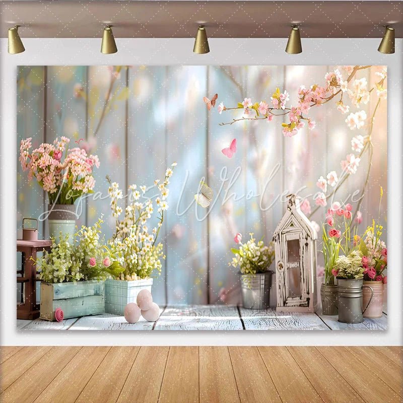 Lofaris Easter Spring Garden Backdrop Rustic Wood and Pink Blossom Photography Background